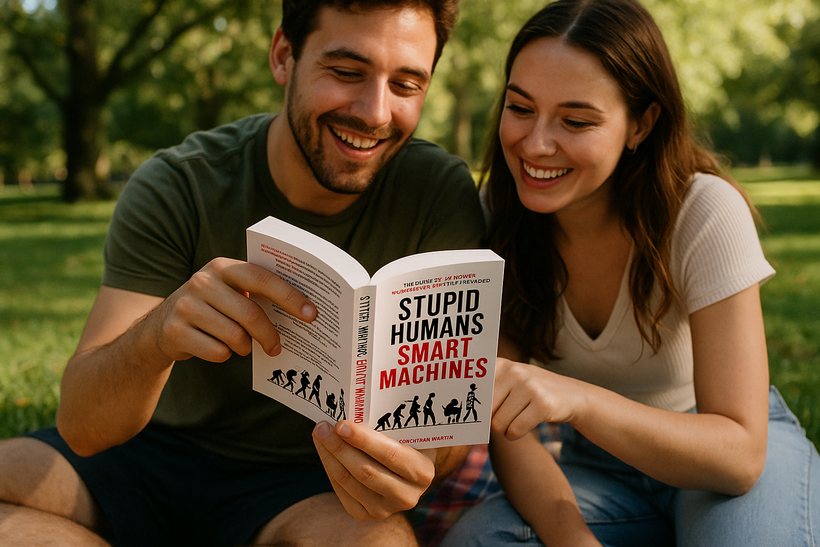 Two readers sharing the book in a park
